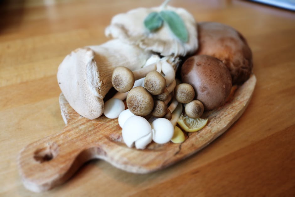 A variety of fresh mushrooms displayed on a rustic wooden board, ideal for culinary use.