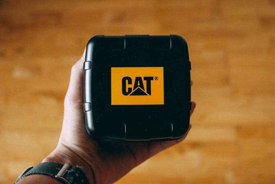Close-up of a hand holding a black box with CAT branding over a wooden floor. Perfect for industrial and product themes.